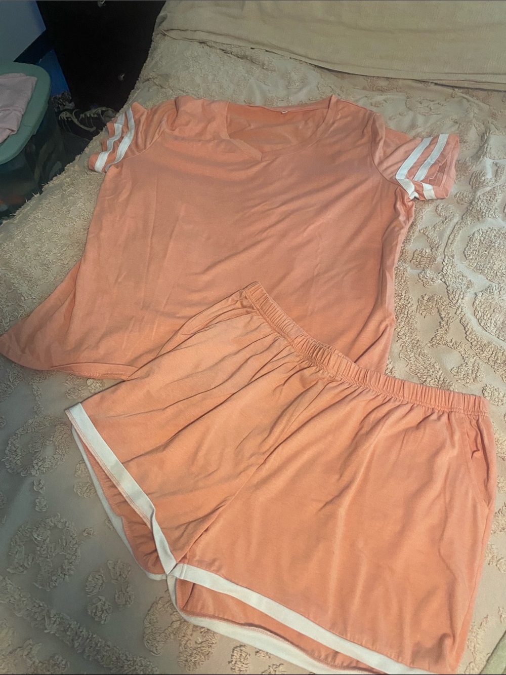 Women's Peach Short Sleeve  Set with Stripe Trim